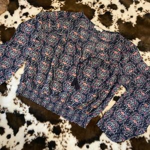 Love Fire XL geometrical print sheer blouse